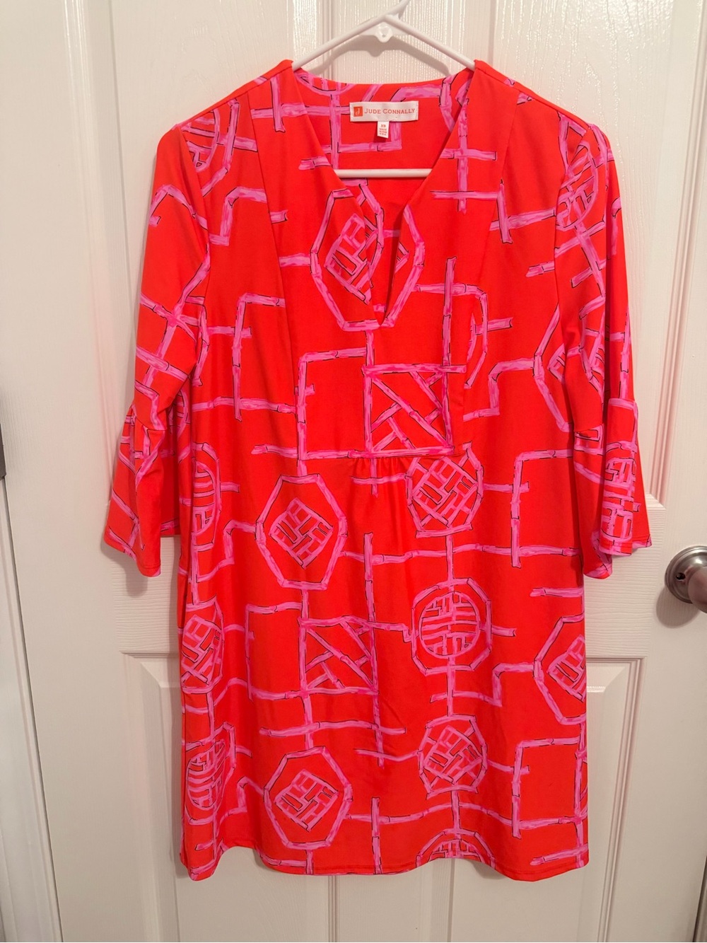 Jude Connally Orange Shift Dress with Pink Geometric Print w/ Pockets
